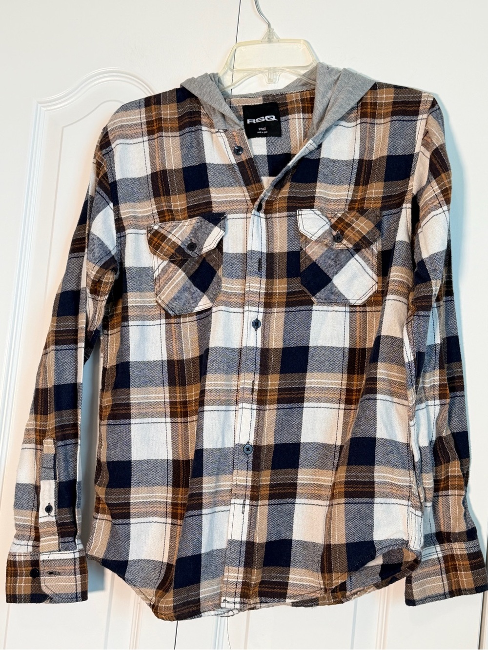 RSQ Plaid Hooded Button-Down Shirt - Brown, Navy & Cream